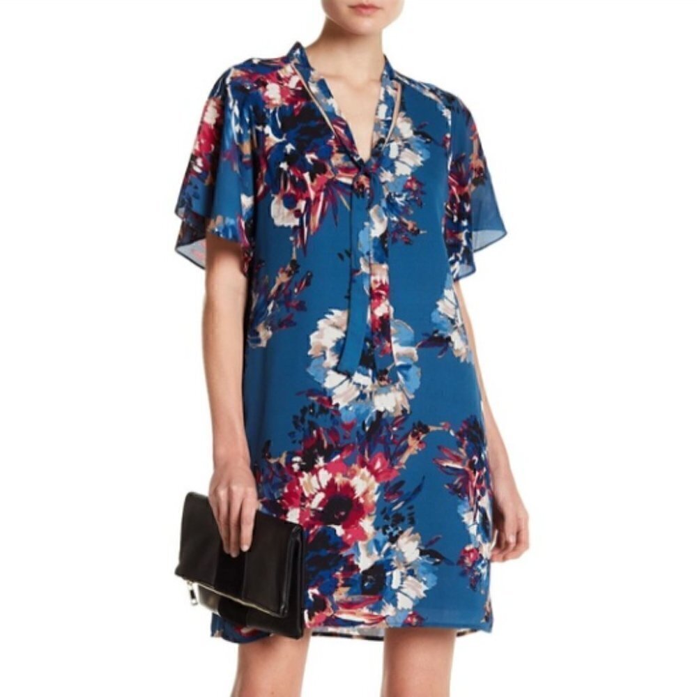 Charles Henry Floral Neck Tie Shift Dress Size Small